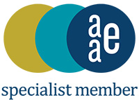 Logo with overlapping circles and letters 'aae'.