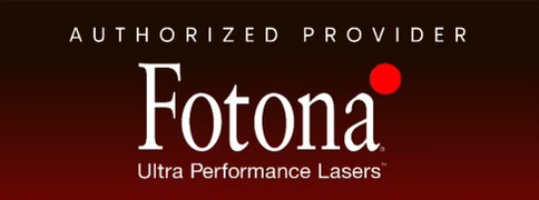 Fotona logo with a dark red background.